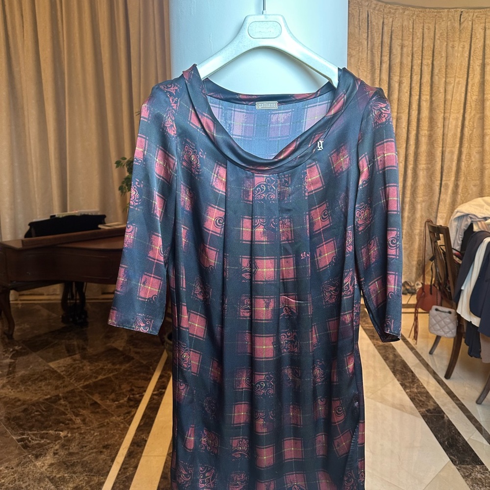 John Galliano Silk Dress | Elegant Plaid Print | Designer Luxury - Picture 2 of 16